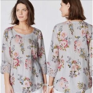 J Jill Love Linen Floral Print Top Lace Cuff Medium Petite Pintuck 3/4 Sleeve‎